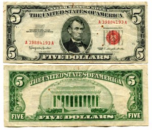 5 долларов 1963 США (красная печать) банкнота, из обращения