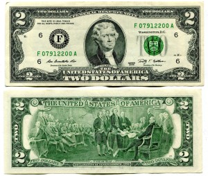 2 доллара 2009 США (F - Атланта), банкнота, из обращения