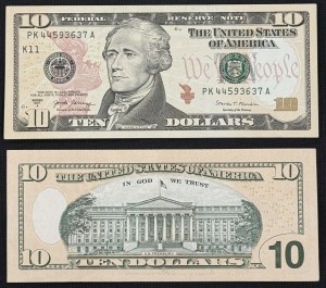 10 долларов 2017 A США, банкнота из обращения