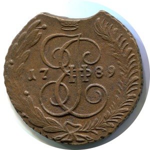 5 копеек 1789 АМ Россия, Екатерина 2, брак выкус заготовки, состояние на фото