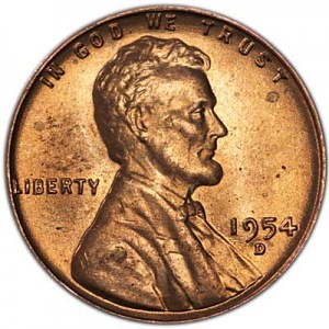 1 цент 1954 США Пшеничный, двор D