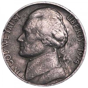 5 центов 1974 США, двор P, из обращения