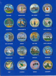 Набор цветных 25 центов 50 штатов и 6 территорий США 1999-2009, в альбоме